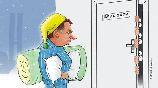Na quarta (19) passada o assunto mais falado na festa do imperador na Embaixada do Japão em Brasília é qual delas, na capital, vai servir de eventual asilo diplomático em caso de decretação de prisão de Jair Bolsonaro - Imagem: @izanio_charges