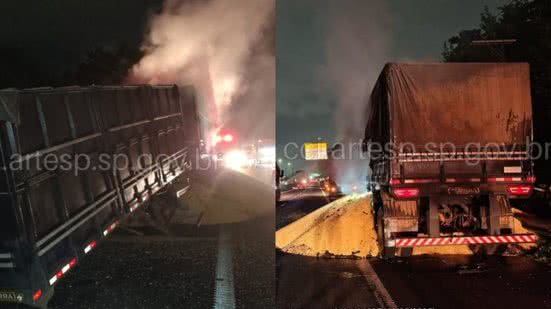 Corpo de Bombeiros controla incêndio em caminhão na Rodovia Anchieta com apoio da Polícia Militar - Imagem: Reprodução/CCI/Artesp