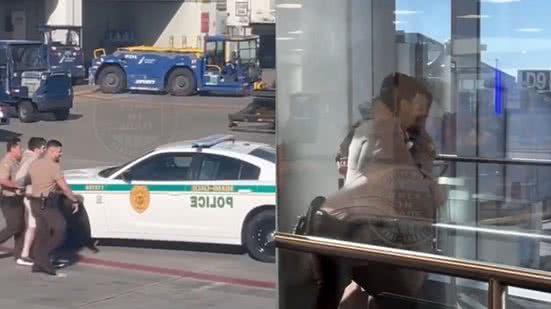 Vídeo publicado nas redes sociais mostra um homem sendo contido por um grupo de policiais próximo ao local de embarque e conduzido para a viatura